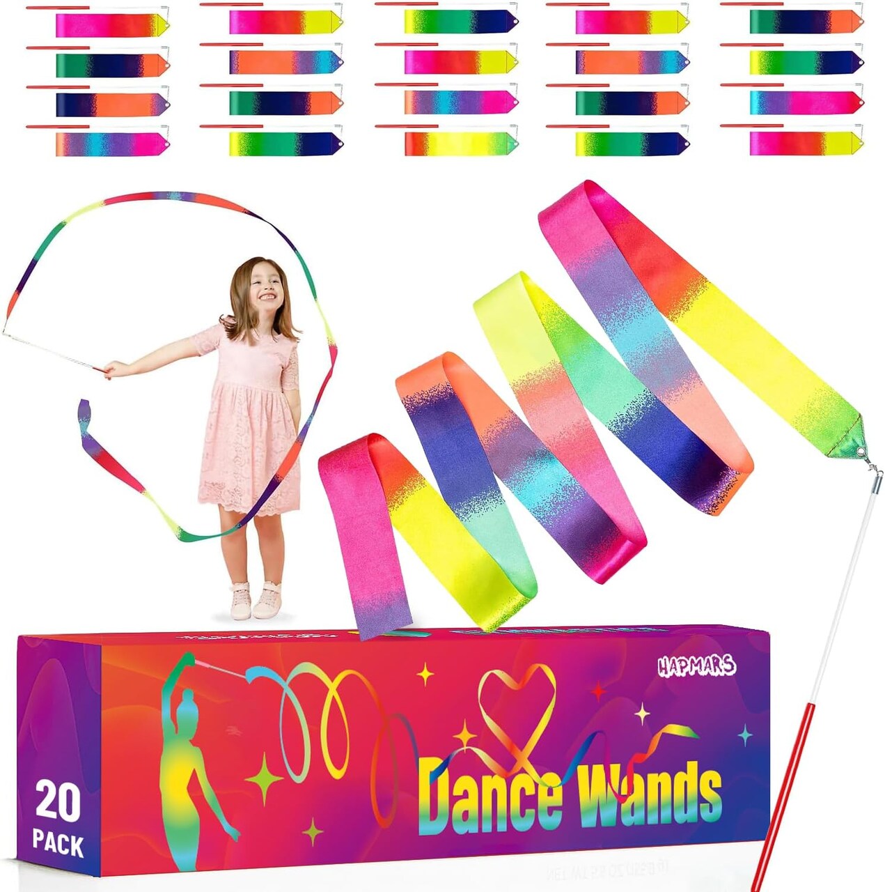 20-Pack Ribbon Dancing Wands for Kids – Rainbow Dance Streamers, Princess Party Favors, Gymnastics Twirling Ribbon Sticks, Artistic Play & Goodie Bag Stuffers for Girls (Rainbow)
